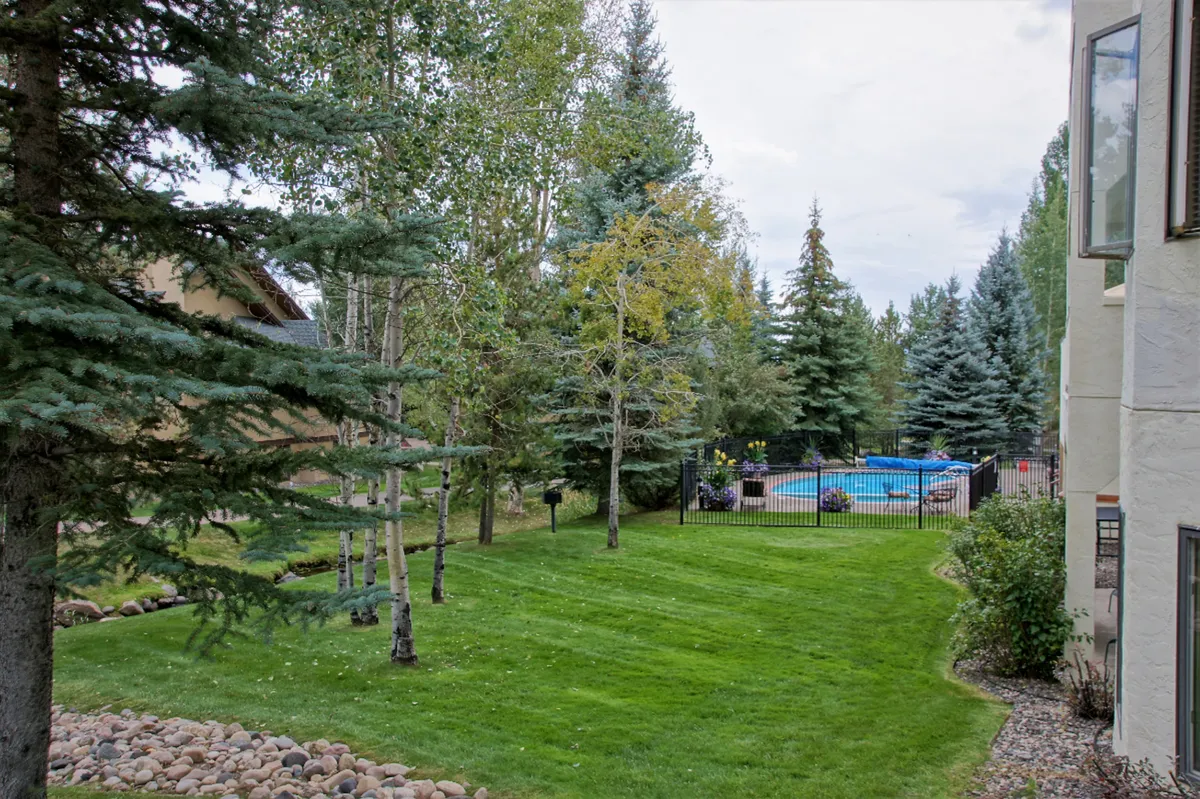This image captures a tranquil outdoor scene with a lush green lawn, a sparkling swimming pool, and tall trees framing the area. The pool area is inviting for both relaxation and recreation, suggesting opportunities for swimming, sunbathing, or simply enjoying the outdoors throughout the warmer months.