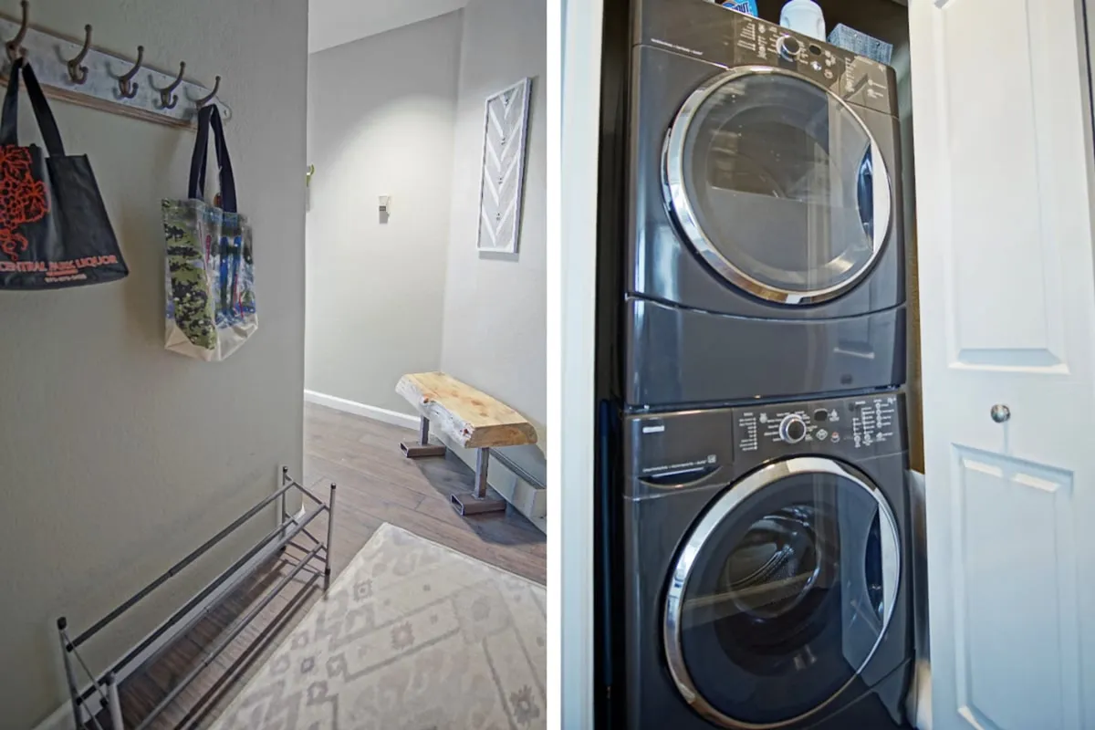 This interior image highlights a practical in-unit washer and dryer, with a coat rack, bench, and bags nearby. The area feels functional yet welcoming, emphasizing everyday convenience for longer or family stays.